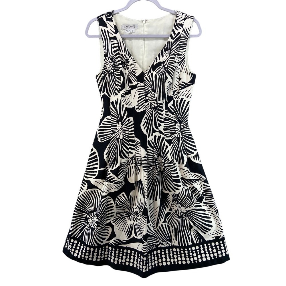 Kay Unger Floral Fit & Flare Dress‎ Womens Sz 8 Black White V-Neck Pockets